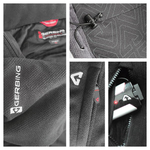 Gerbing heated jacket details showing brand logo, drawstring hood, zippered pockets, and battery pack