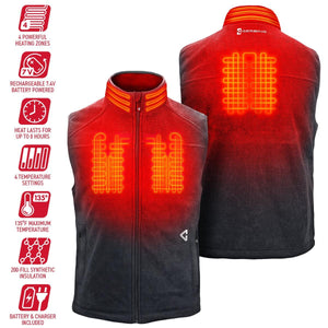 Gerbing heated vest showing front and back heating zones with feature icons