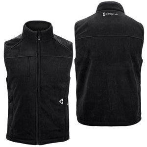 Front and back view of a black Gerbing fleece vest with a zipper closure and logo