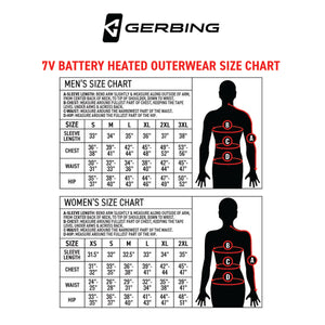 Gerbing 7V battery heated outerwear size chart for men and women with measurement instructions