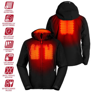 Gerbing heated jacket showing four heating zones with battery and charger features