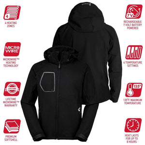 Gerbing black softshell heated jacket with feature icons for battery power heating zones and temperature settings
