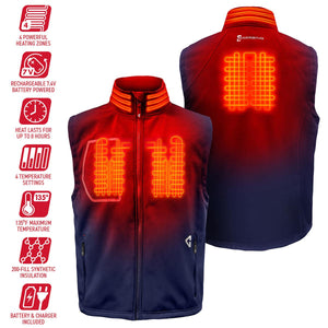 Gerbing heated vest showing four heating zones and battery features