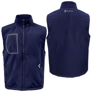 Front and back view of a navy blue Gerbing heated vest with zippered pockets and logo