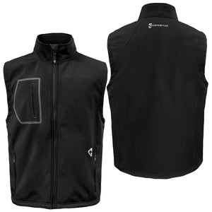 Front and back view of a black Gerbing softshell vest with zipper pockets and logo