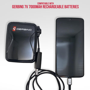 Gerbing 7V 7000mAh battery pack connected to a smartphone with a charging cable