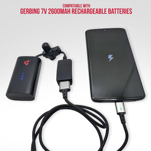 Gerbing 7V 2600mAh battery connected to a smartphone charging cable