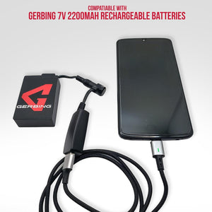 Gerbing 7V 2200mAh battery connected to a smartphone via a charging cable