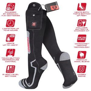 Gerbing heated socks with feature icons highlighting battery life, temperature control, and wool blend material