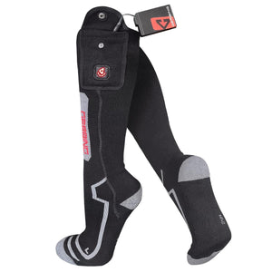 Pair of black Gerbing heated socks with grey accents and battery pocket