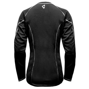 Back view of black Gerbing long sleeve base layer with white contrast stitching and logo