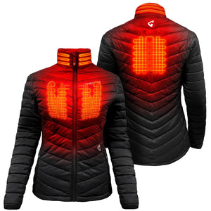 Gerbing heated jacket showing internal heating elements in red on front and back views