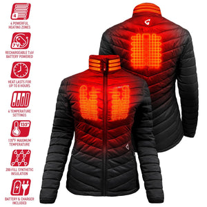Gerbing heated jacket with four heating zones and battery features