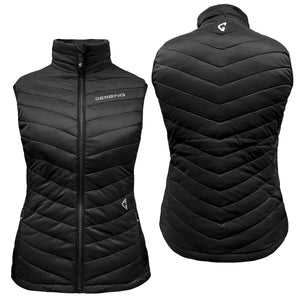 Front and back view of a black quilted Gerbing vest with a high collar and zipper closure