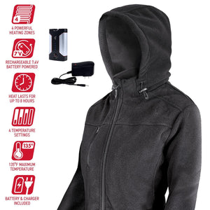 Black hooded fleece jacket with icons detailing four heating zones, battery, charger, and temperature settings