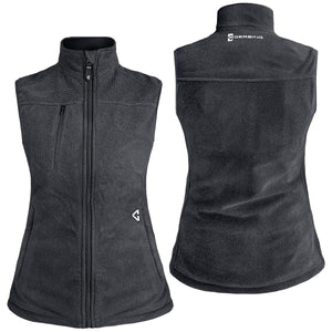 Front and back view of a black Gerbing fleece vest with a full zip closure and high collar
