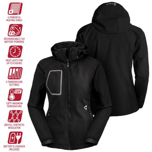 Gerbing black heated jacket with feature icons showing four heating zones and eight hour battery life
