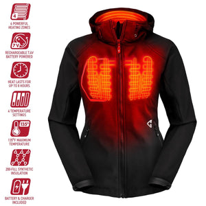 Gerbing womens heated jacket with four heating zones and battery features listed