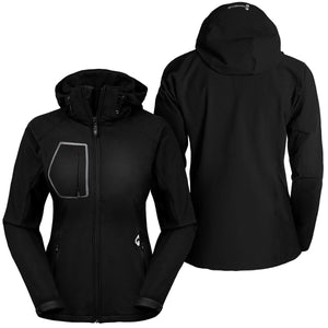 Front and back view of a black Gerbing hooded softshell jacket