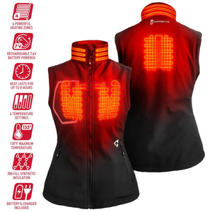 Gerbing heated vest showing four heating zones and battery features
