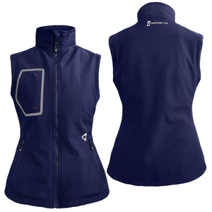 Front and back view of a navy blue Gerbing softshell vest with zippered pockets and logo