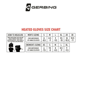 Gerbing heated gloves size chart for men and women with hand measurement instructions