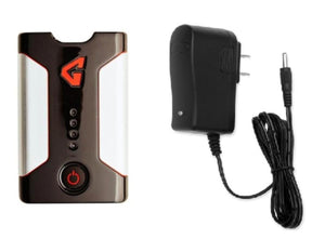 G-Tech portable battery pack with power button and wall charger