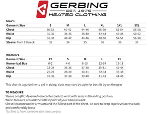 Gerbing heated clothing men and women size chart with measurement instructions