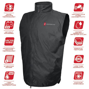 Gerbing black heated vest surrounded by feature icons including heating technology and machine washable