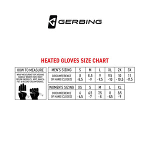 Gerbing heated gloves size chart for men and women with hand measurement instructions