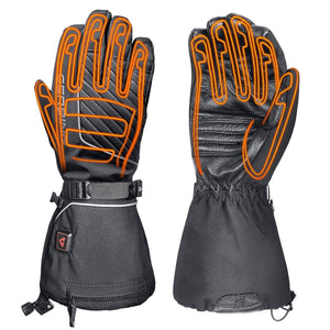 Black heated gloves with orange heating element wire overlay