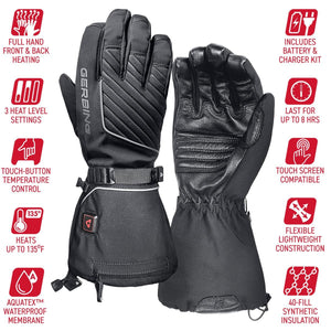 Gerbing heated gloves with feature icons highlighting battery life, waterproof membrane, and touch screen compatibility