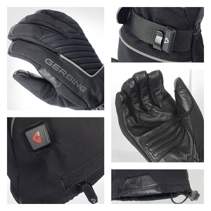 Gerbing heated motorcycle gloves showing palm leather detail, wrist strap, and power button