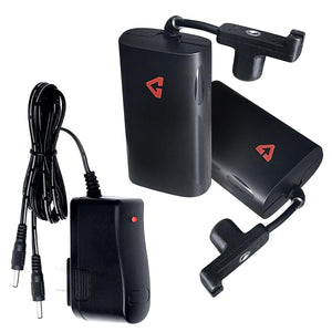 Two black battery packs with charging cables and a wall adapter