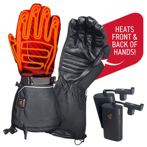Black heated gloves with visible heating elements and two rechargeable battery packs