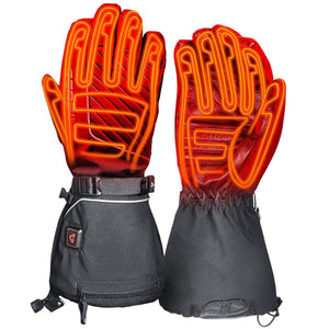 Pair of black heated gloves with glowing orange heating elements visible on fingers and palms
