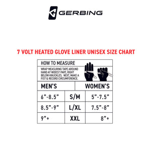 Gerbing 7 volt heated glove liner unisex size chart with measuring instructions