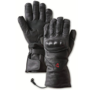Black leather heated motorcycle gloves with knuckle protection and power cable
