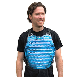 Man wearing an AlphaCool blue gel cooling chest vest over a black t-shirt