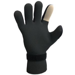 Glacier Glove black textured neoprene glove with a tan index finger tip and wrist strap