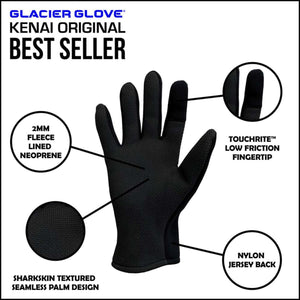 Glacier Glove Kenai Original features fleece lined neoprene with sharkskin textured palm and touchrite fingertip