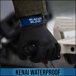 Glacier Glove Kenai waterproof glove worn on hand gripping a boat motor handle