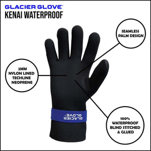 Glacier Glove Kenai waterproof glove features 2mm neoprene seamless palm and blind stitched construction