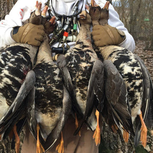 Hunter wearing tan Glacier Glove brand gloves holding four harvested geese