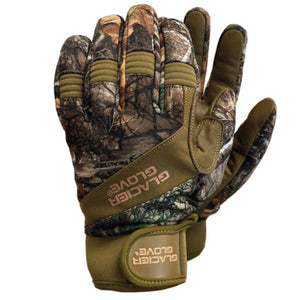 Glacier Glove camouflage hunting glove with olive green palm and adjustable wrist strap