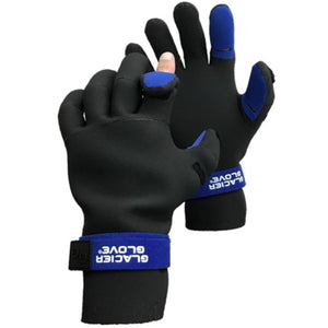 Glacier Glove black and blue fingerless fishing gloves with adjustable wrist straps