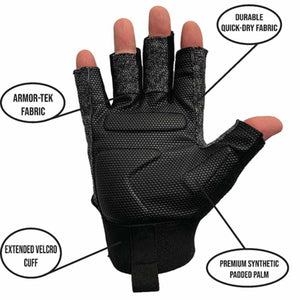 Glacier Glove fingerless glove showing Armor-Tek fabric, quick-dry fabric, padded palm, and velcro cuff features