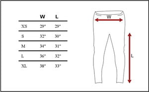 Glovii size chart for pants showing waist and length measurements for sizes extra small to extra large