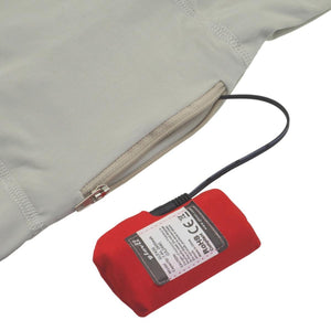 Glovii battery pack connected to a zippered pocket on grey fabric