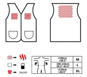 Glovii heated vest sizing chart showing heating element placement and chest measurements for sizes M L and XL